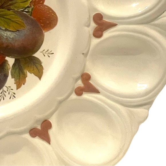 Vintage 12 Deviled Egg Plate Ceramic Cream Center Design Strawberries & Plums - Picture 6 of 16